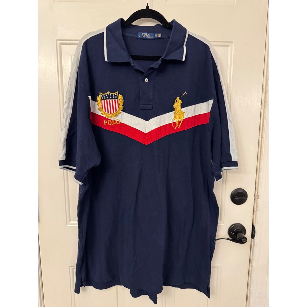 Polo Ralph Lauren Mens Navy Blue USA Crest Big Pony Chevron Polo Shirt Size XXL
